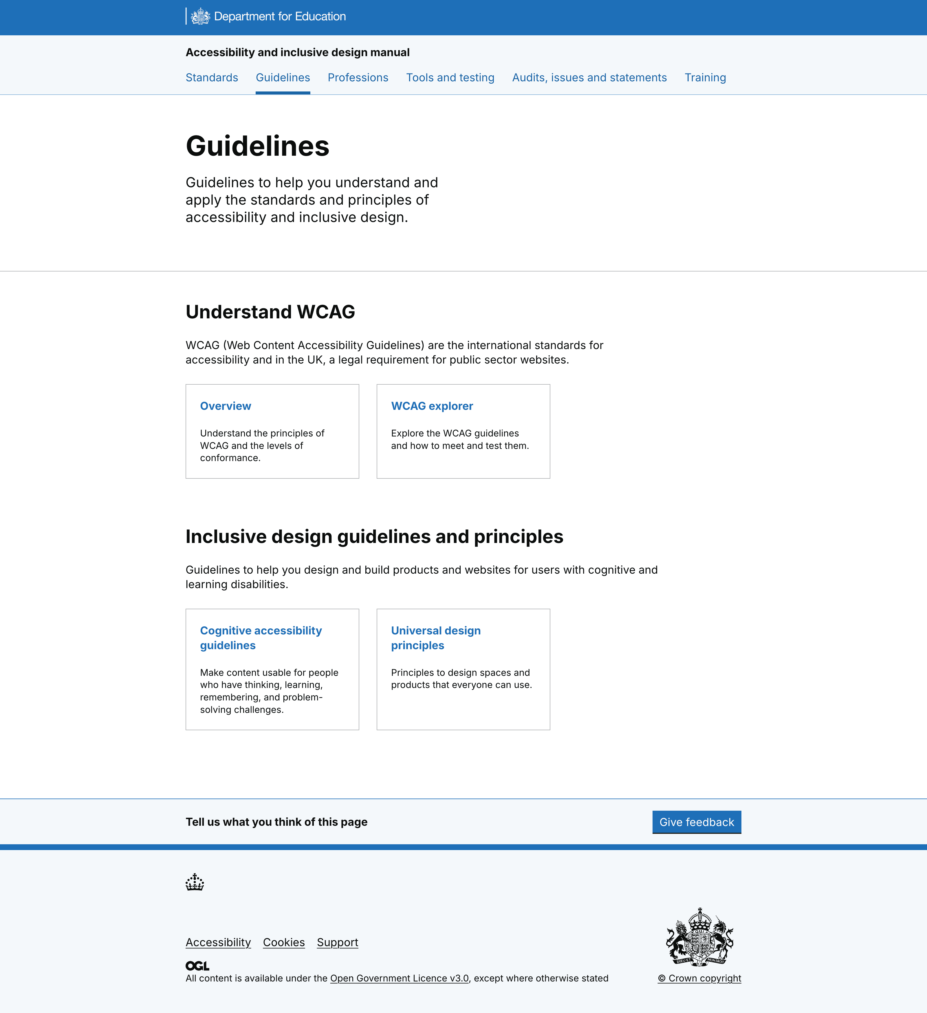 Screengrab of guidelines landing page, includes links to WCAG guidance, COGA guidance and inclusive design priniciples.