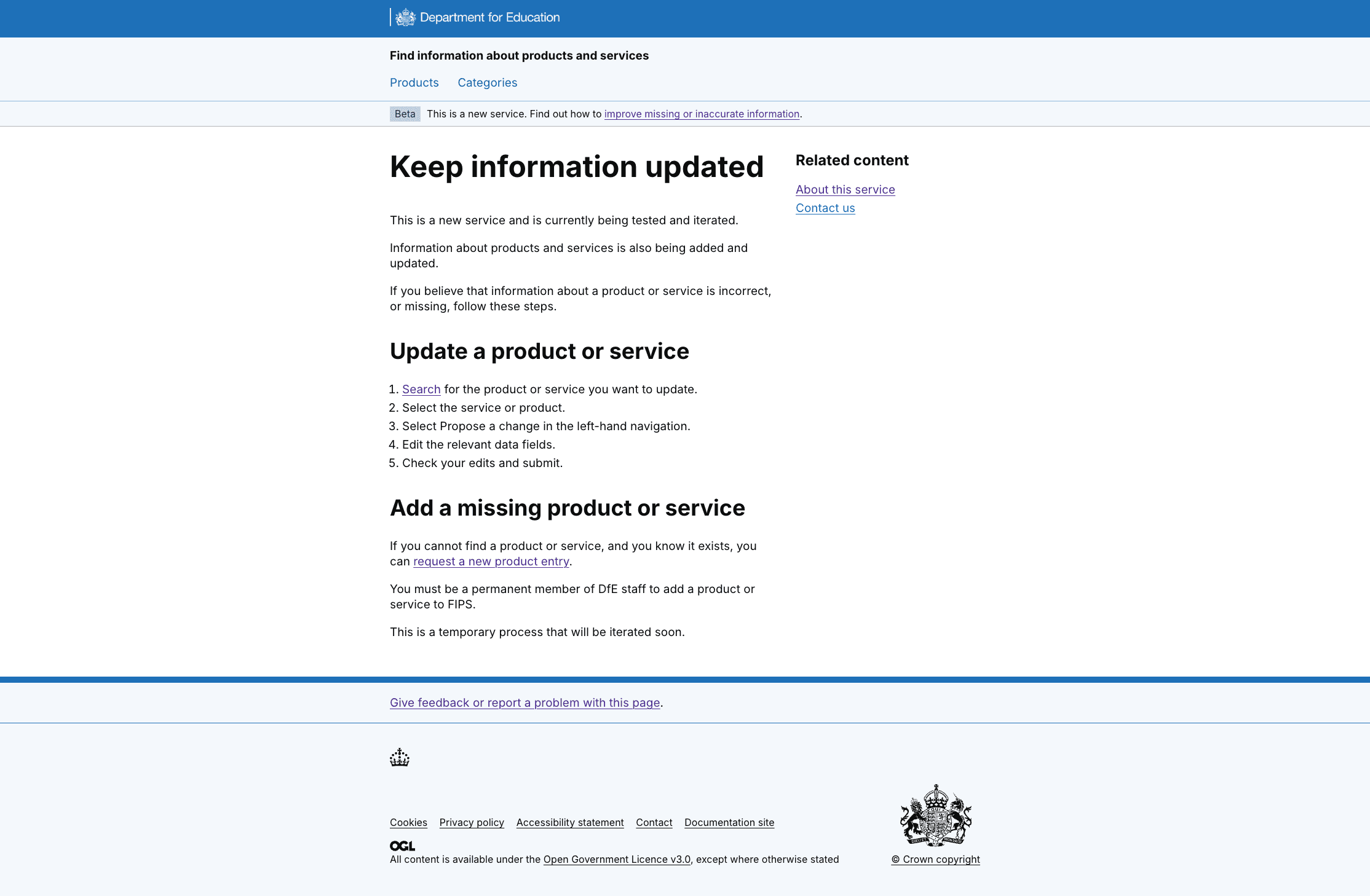 Screenshot of Keep information updated, telling users we need their help to update the product information in the service