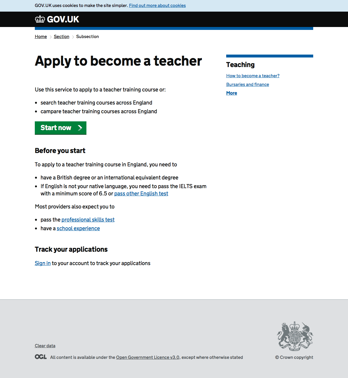 Screenshot of the index page of Find teacher training courses