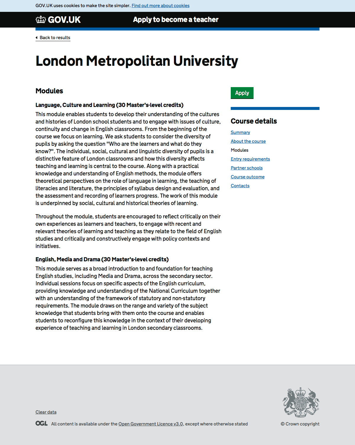 Screenshot of the modules page of Find teacher training courses