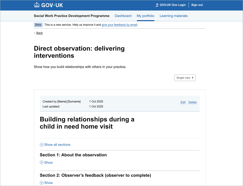 Screen showing the view presented by Moodle when a user has saved the form