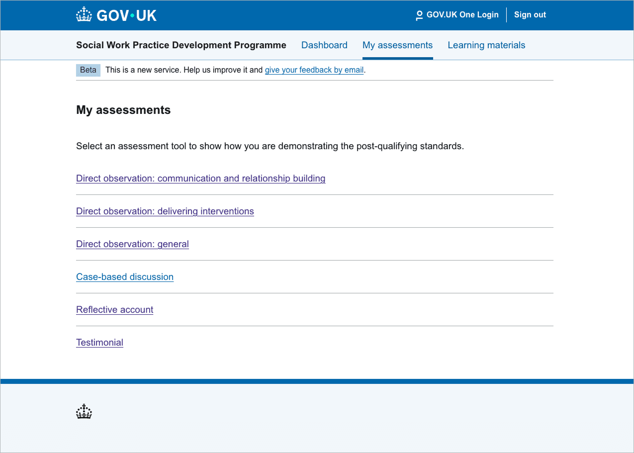 Screenshot of the new My assessments section page after it had been configured