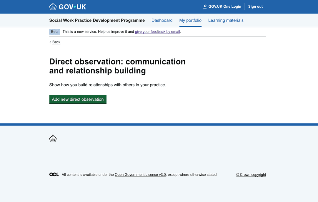 Screenshot showing the customised page a user sees for the first time before they add a new direct observation