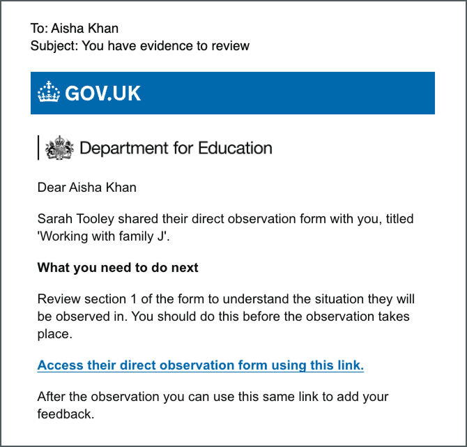 A mocked-up email that is sent to observers asking them to review the context of the observation they will be observing