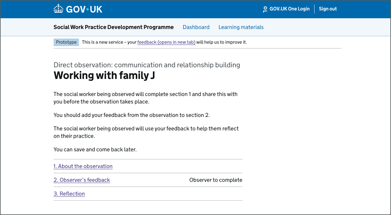 Screen shot from the prototype showing the task list component being used as a navigation device for observers to view the different sections of the form
