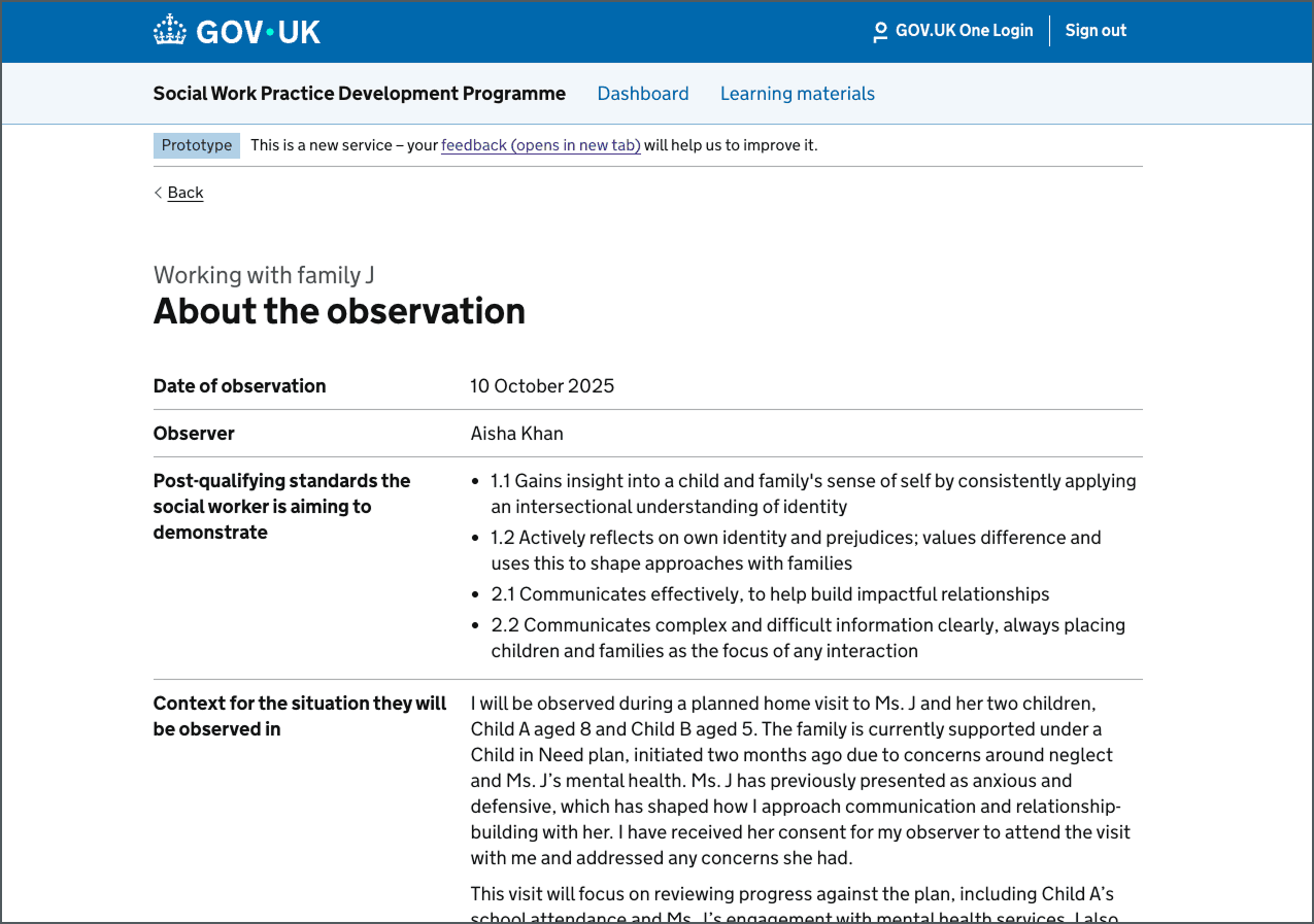 Screen shot from the prototype showing the read only view of the about the observation section of the form