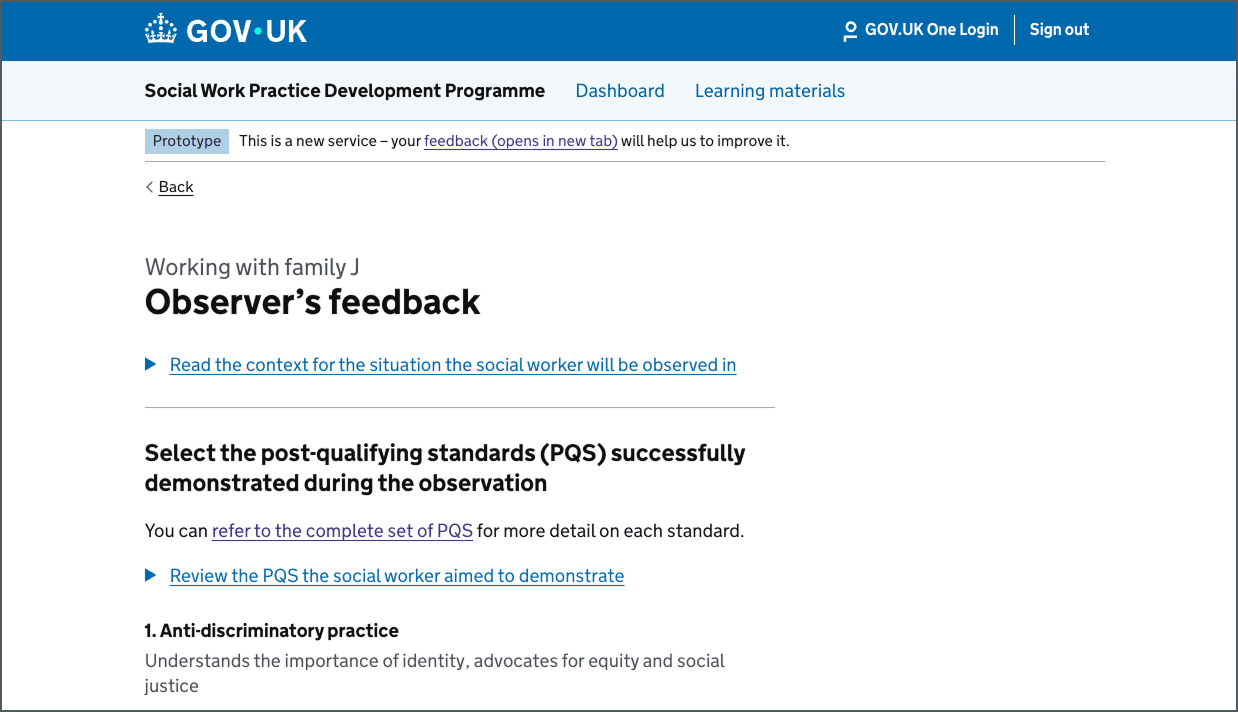Screen shot from the prototype showing the observers feedback section of the form containing 2 details components showing the information added by the social worker