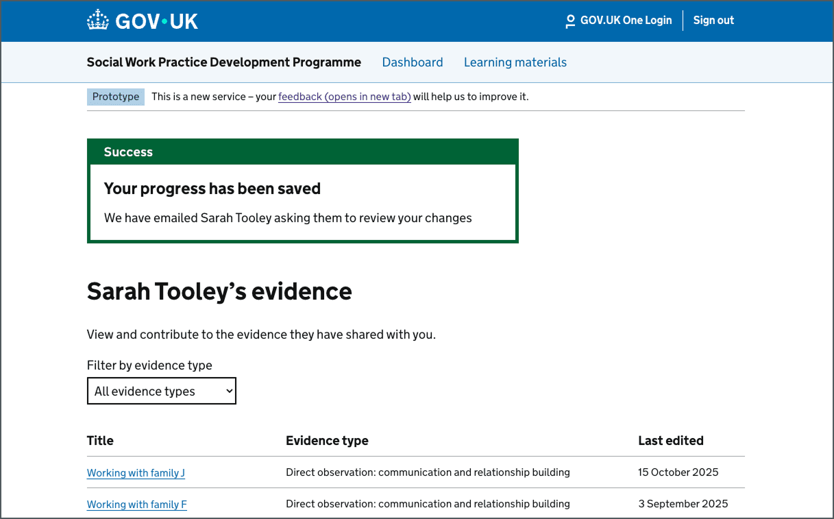 Image showing the end screen in the tested journey displaying a success banner that confirms to the observer that their work is saved, and the social worker has been notified