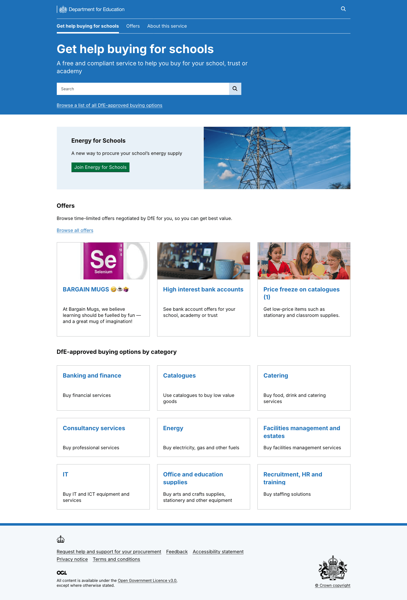 An imge of the get help buying for schools home page, it shows the energy for school banner then offers below. Each offer is a tile with image and corresponding text