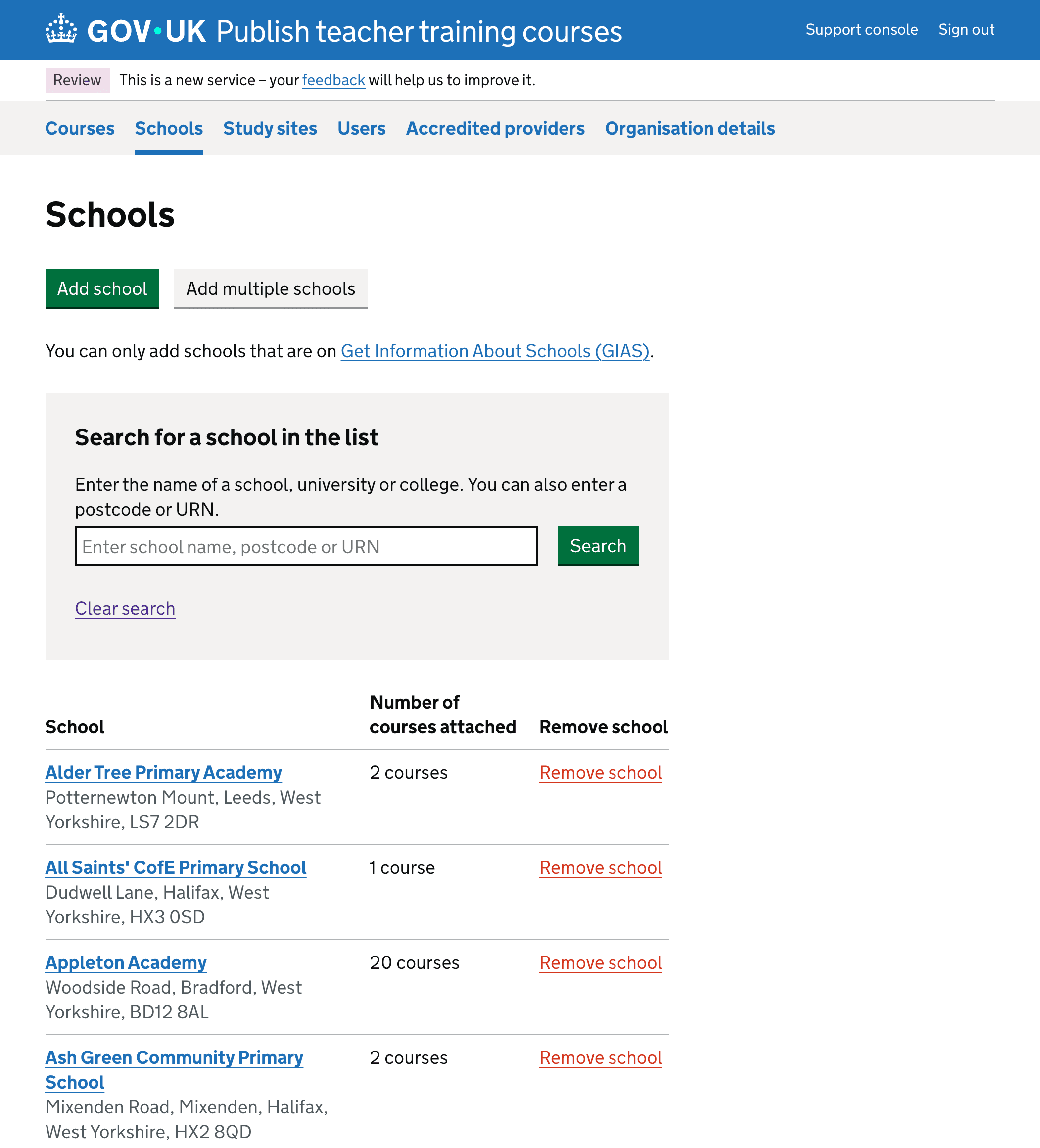 Improvements to the school list on Publish