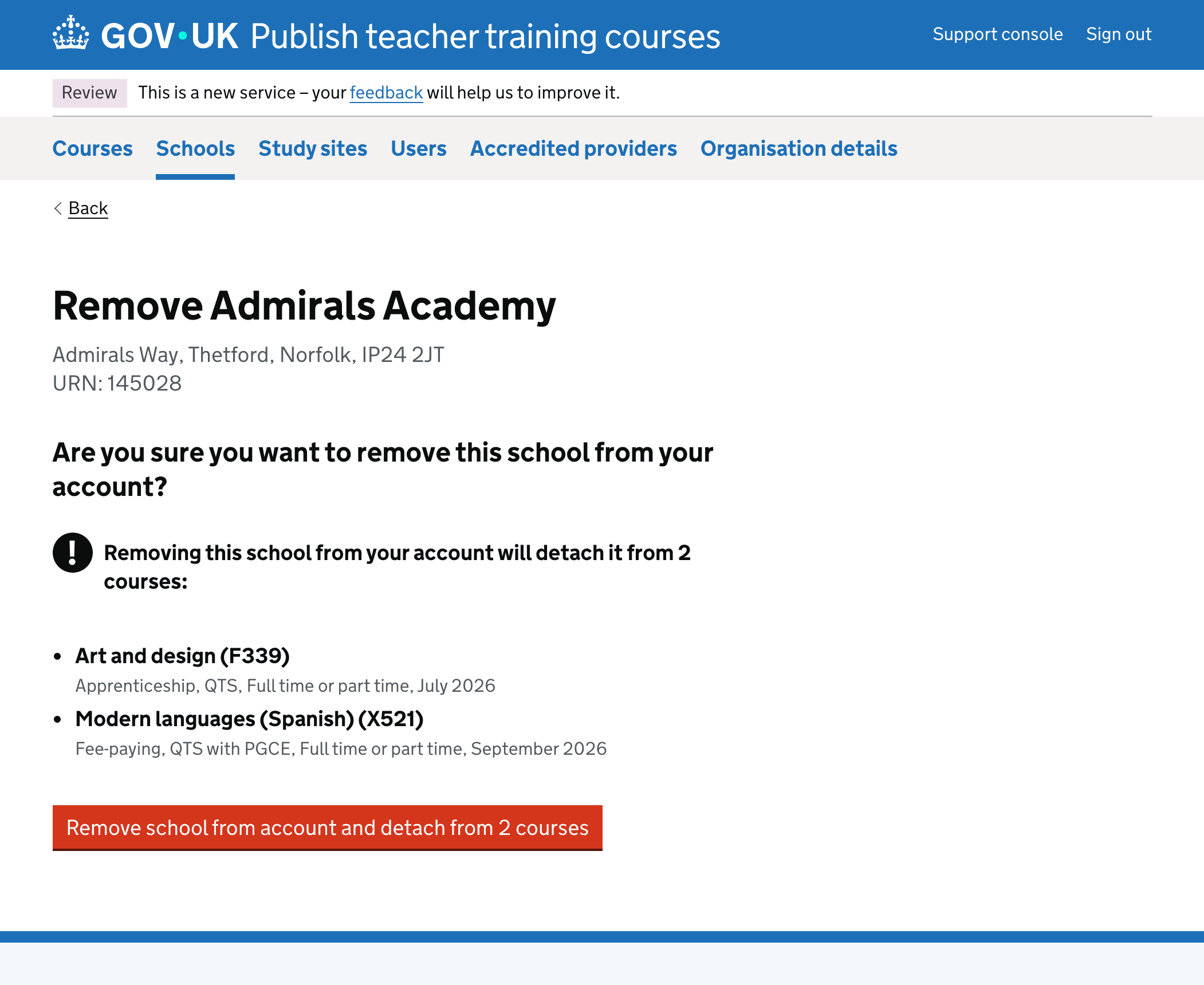 Remove school from account when courses attached