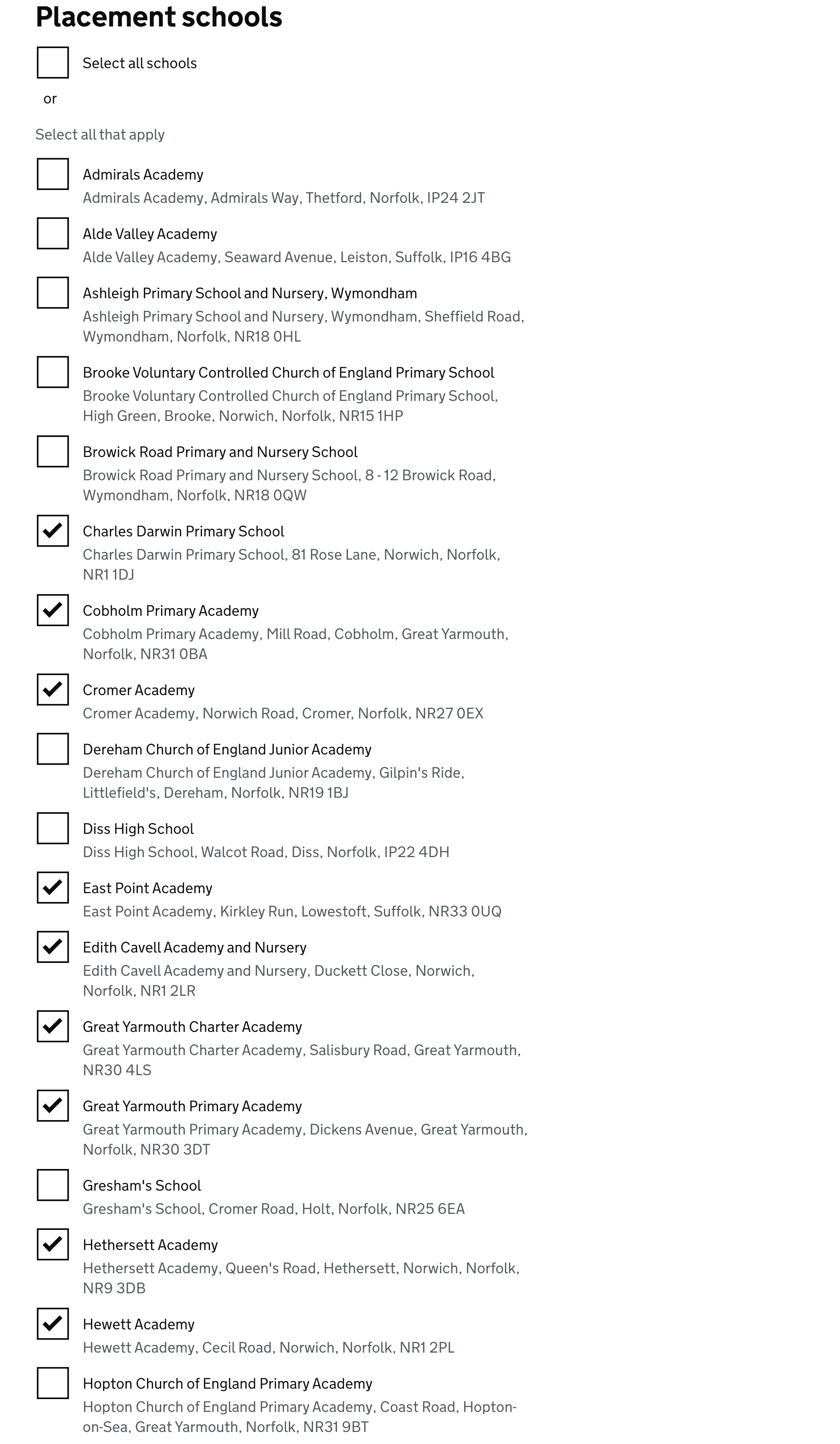 Live site of checkbox list of schools to attach courses