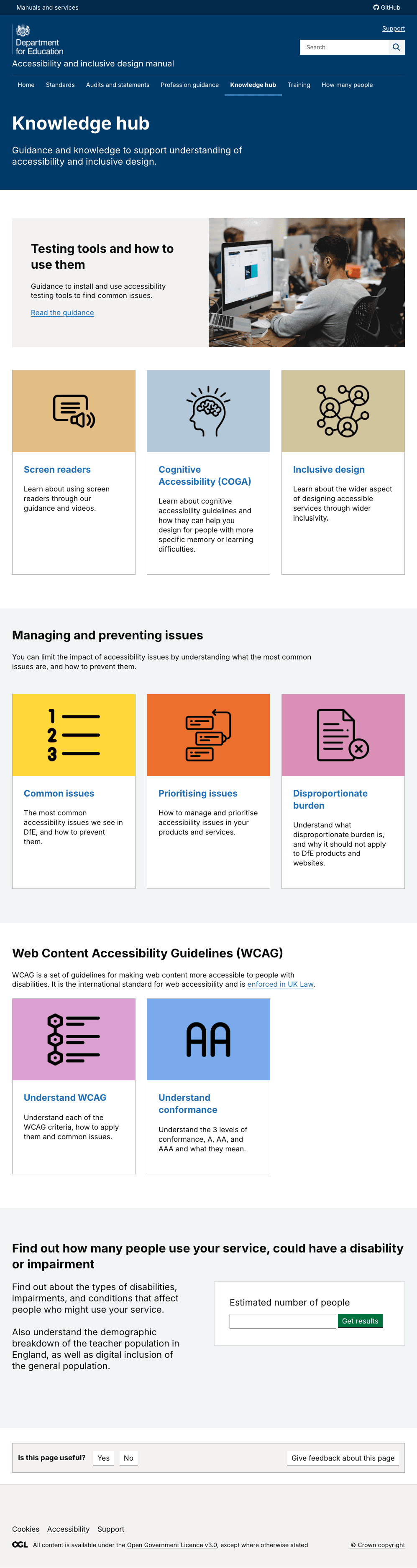 Example of knowledge hub landing page which contains links out to numerous pages of content and contains 9 images. 