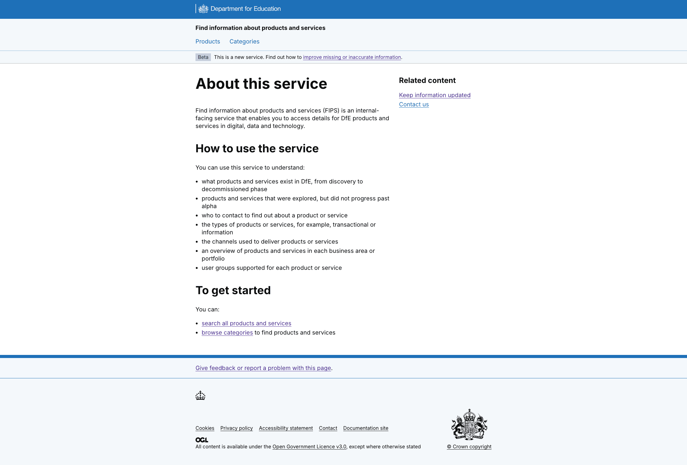 Screenshot of About this service, with information for how to use the service to search for products and services in DfE