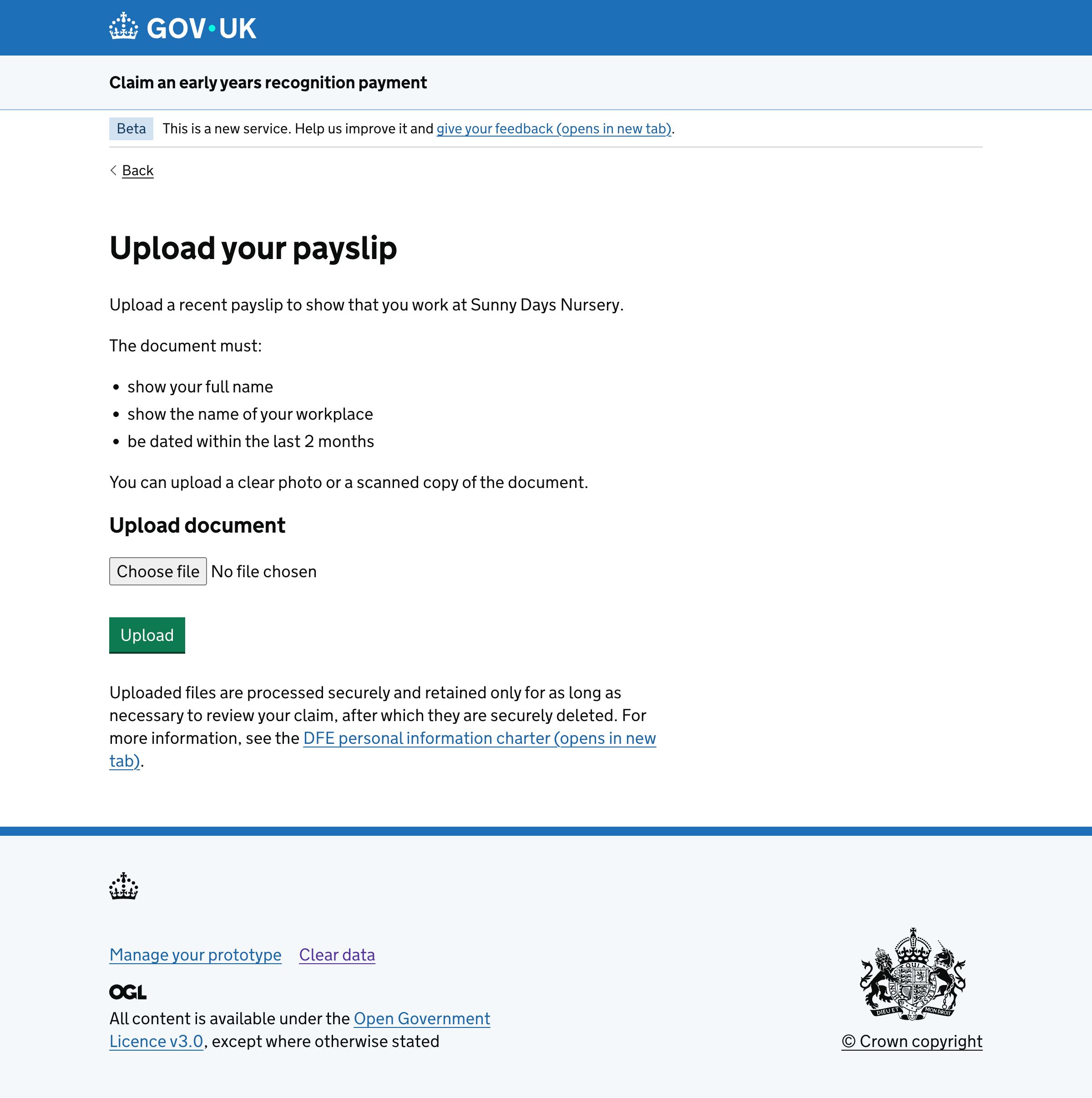 Screenshot of a GOV.UK "Claim an early years recognition payment" page. The page asks users to upload a recent payslip showing their full name, workplace name, and a date within the last two months. A file chooser and green "Upload" button are displayed.