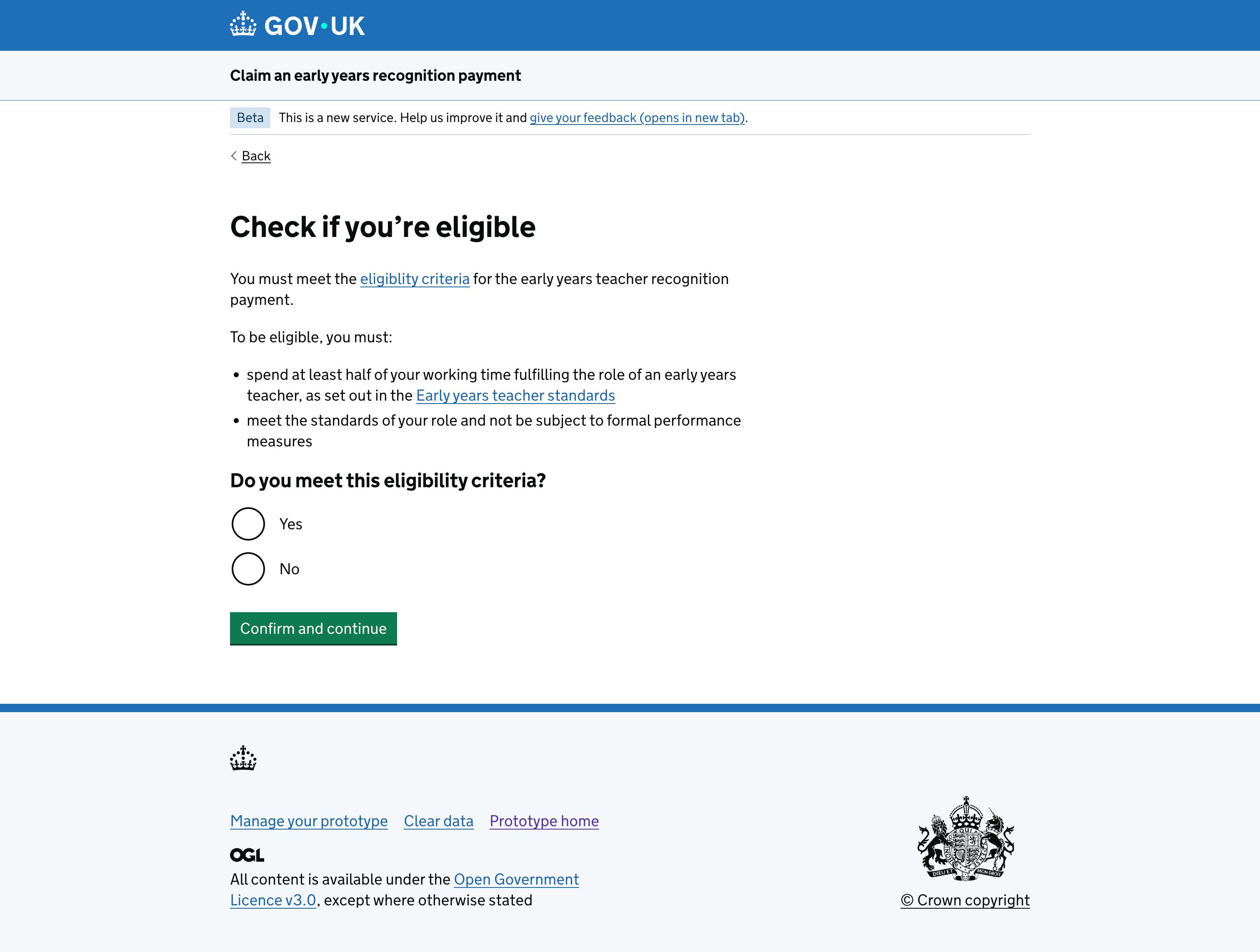 a screenshot of the check if you're eligible page, with a radio option