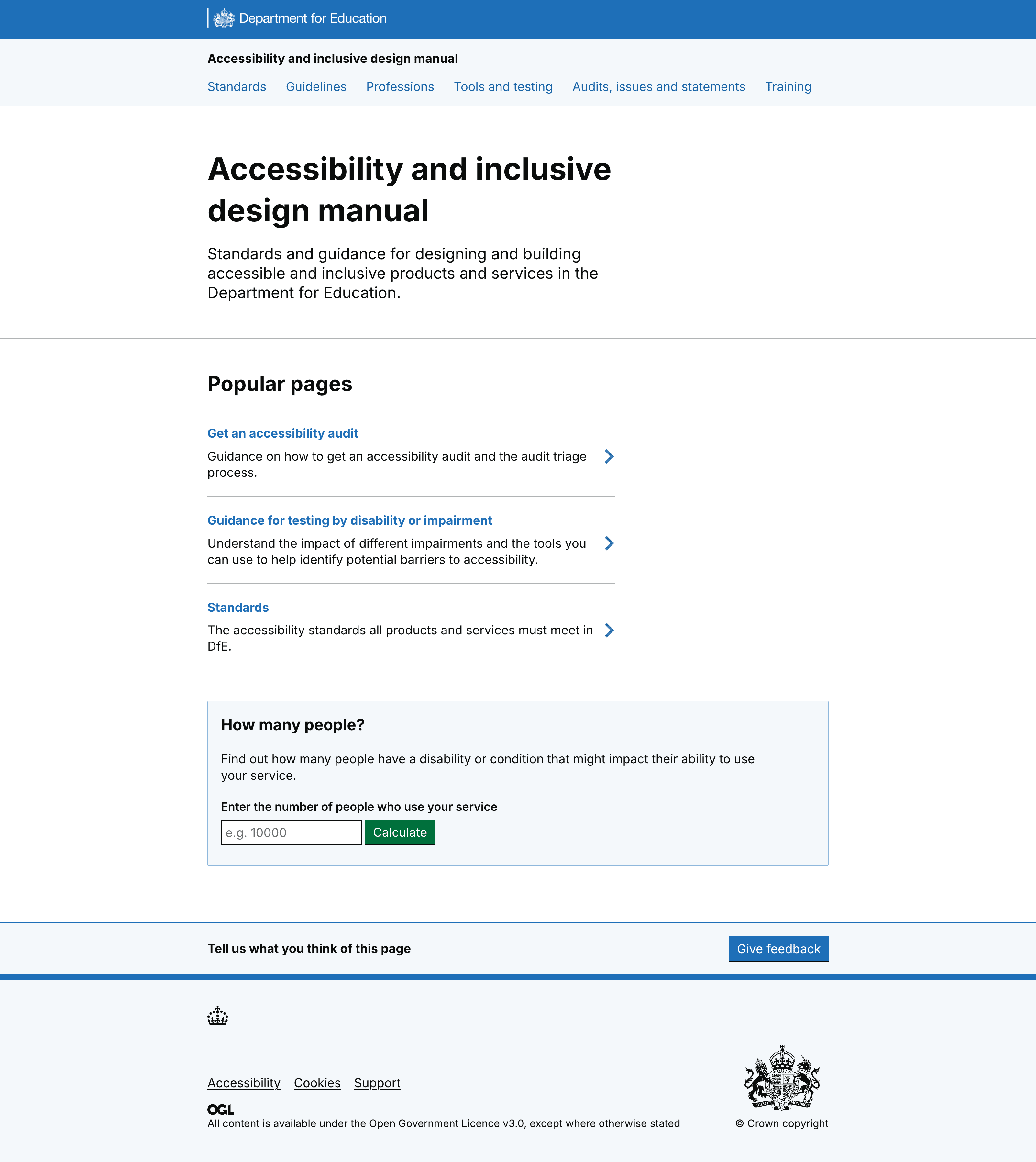 New homepage for accessibility manual, with no images and a reduced amount of content on the page, with just audit, testing and standards links. Plus the how many people? tool