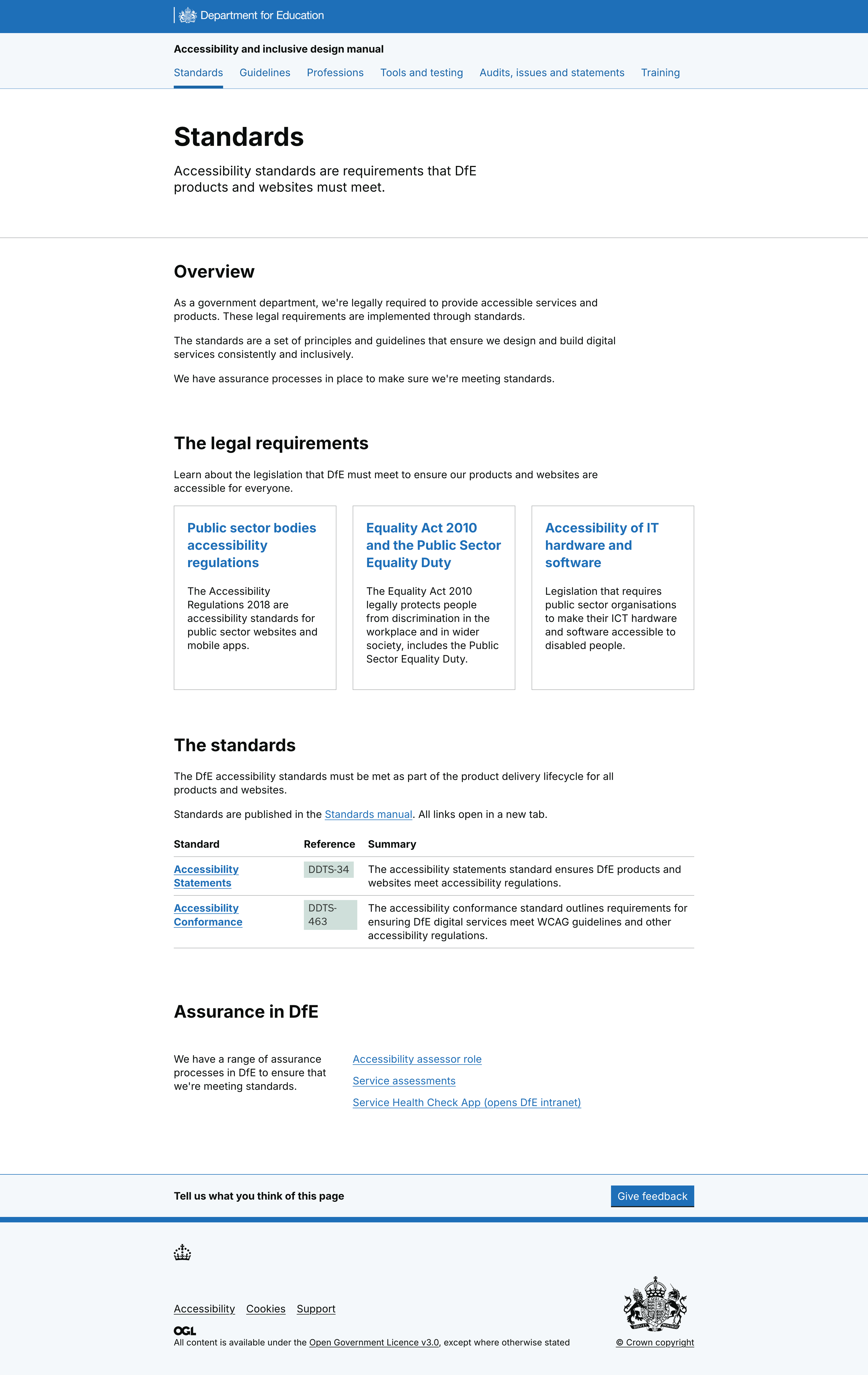 New landing page for standards with legal requirements and assurances