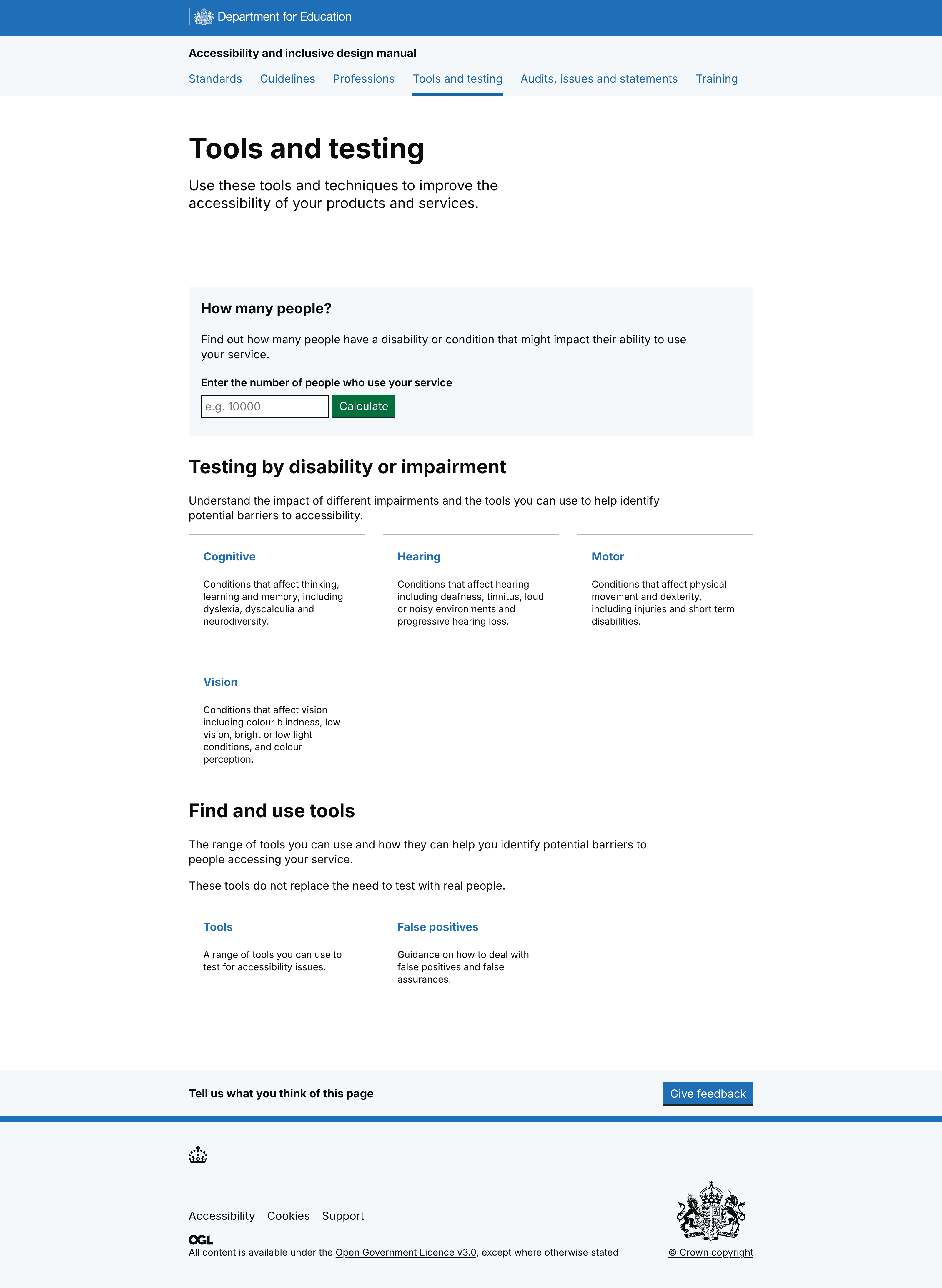 Landing page for tools which includes motor, cognitive, physical and hearing impairments to choose a way into testing by impairment. It also includes the heading find and use tools, which takes the user to tools in a table format