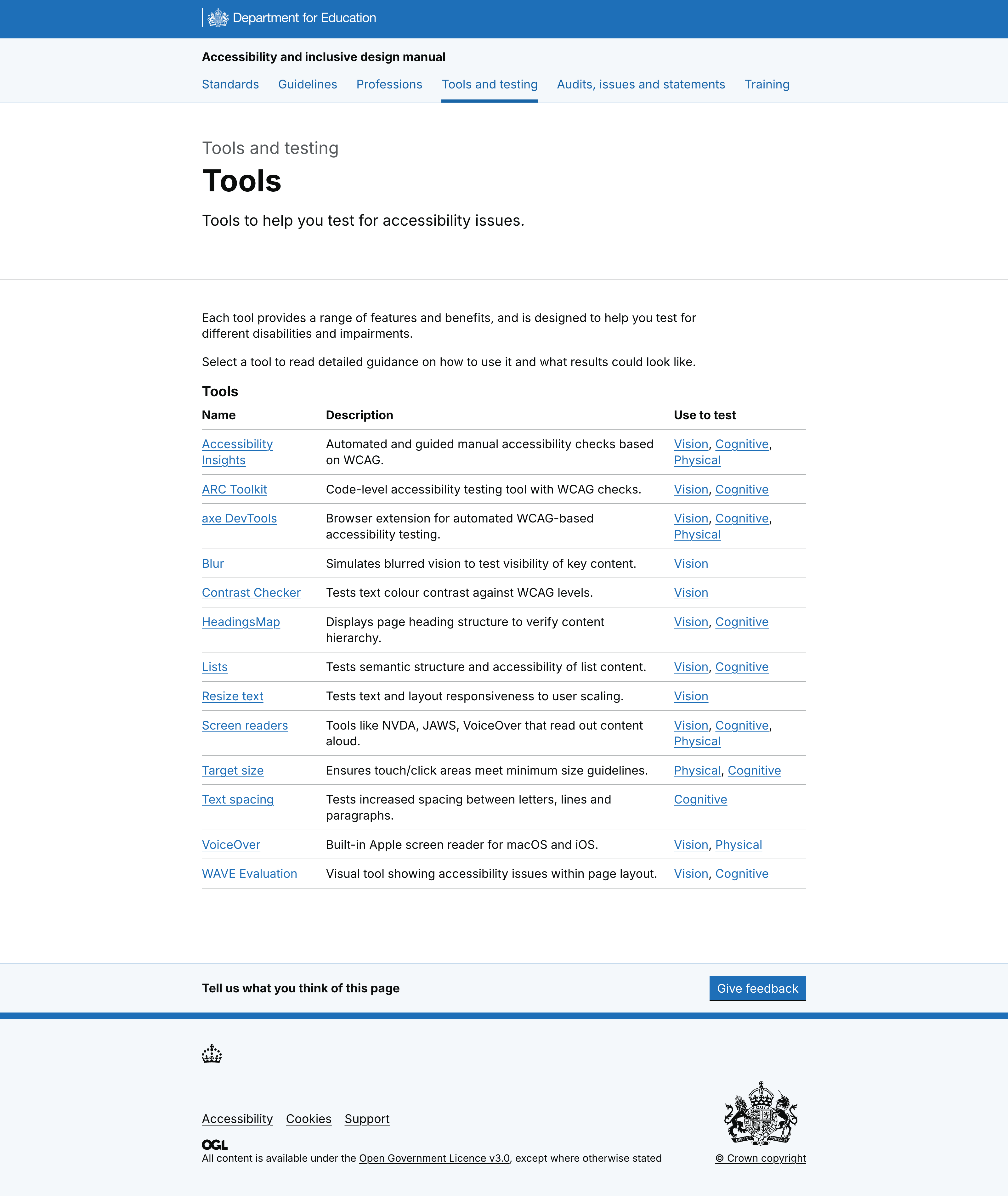 Table of accessibilty tools in alphabetical order with a description of each tool, a link to the tool and information about which impairment each one can help with