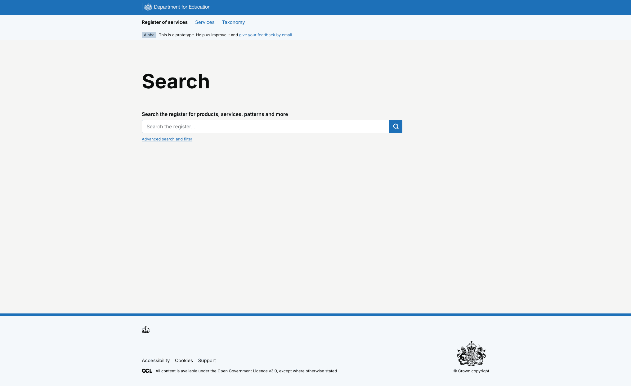 Search box for first iteration of Register of services showing a search box and hint text: search teh register for products, services, patterns and more