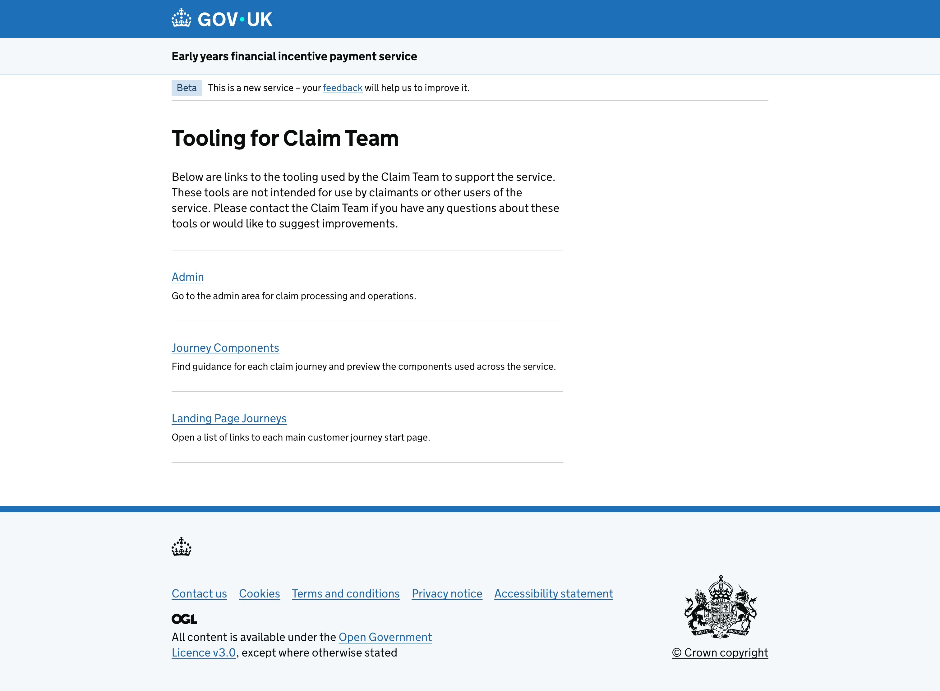 A screenshot of the tooling home page, including links to the admin area, components and landing page journeys