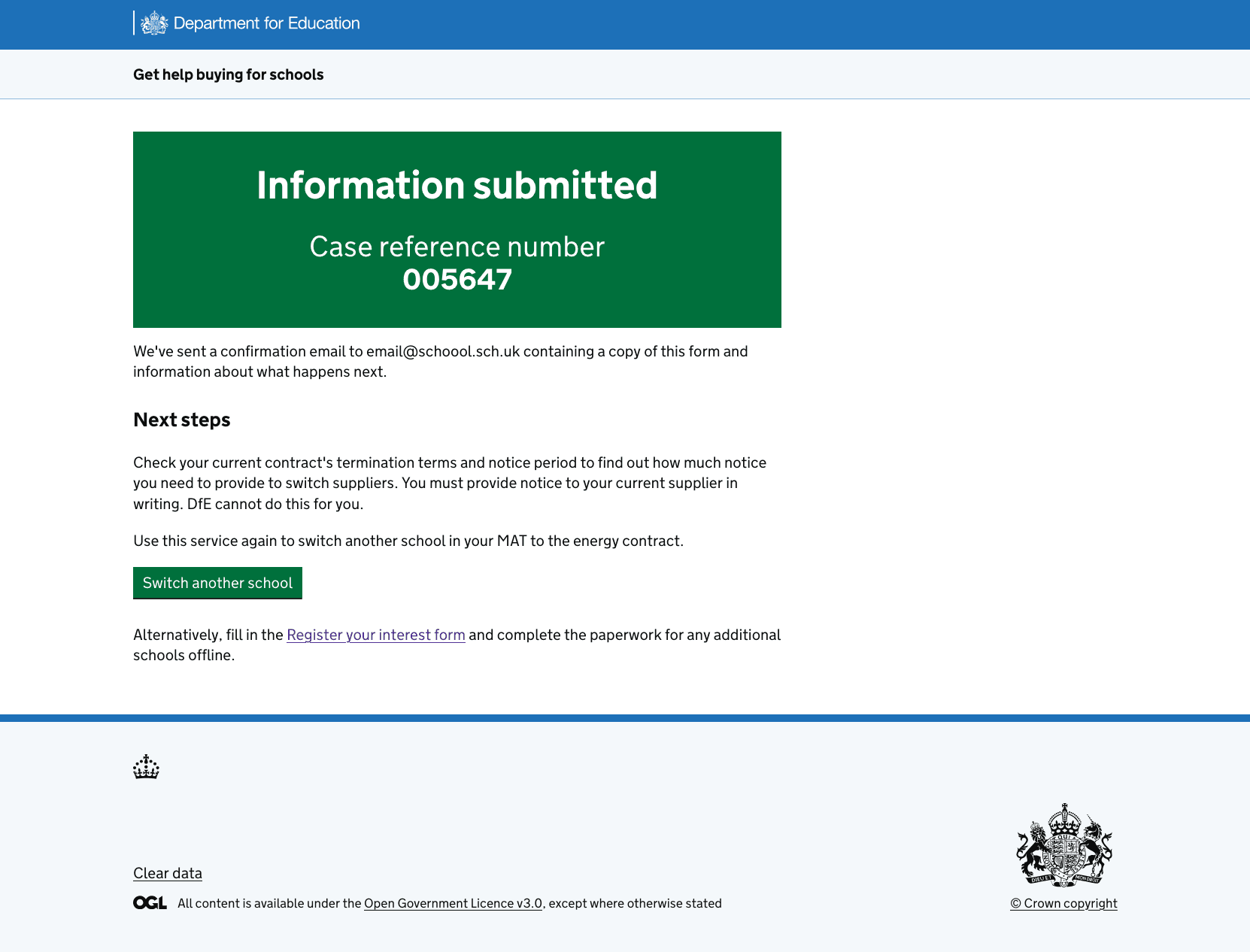A confirmation page showing a next steps section. Users can opt to do the manual process or click a primary button and loop back round the digital process.