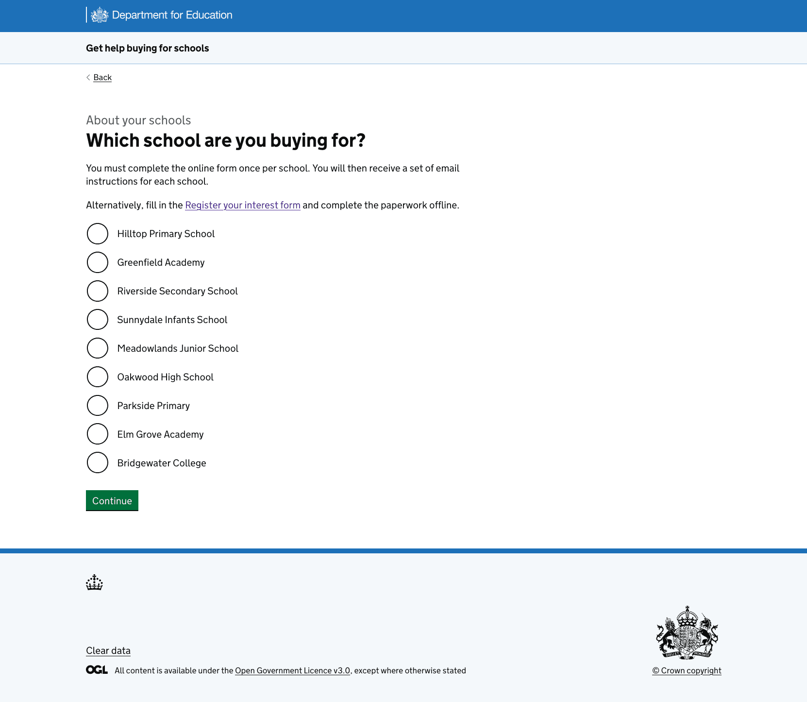 A radio picker asking the users to choose a school within their trust. Additional text explains that there is also a maunal process they may want to use.