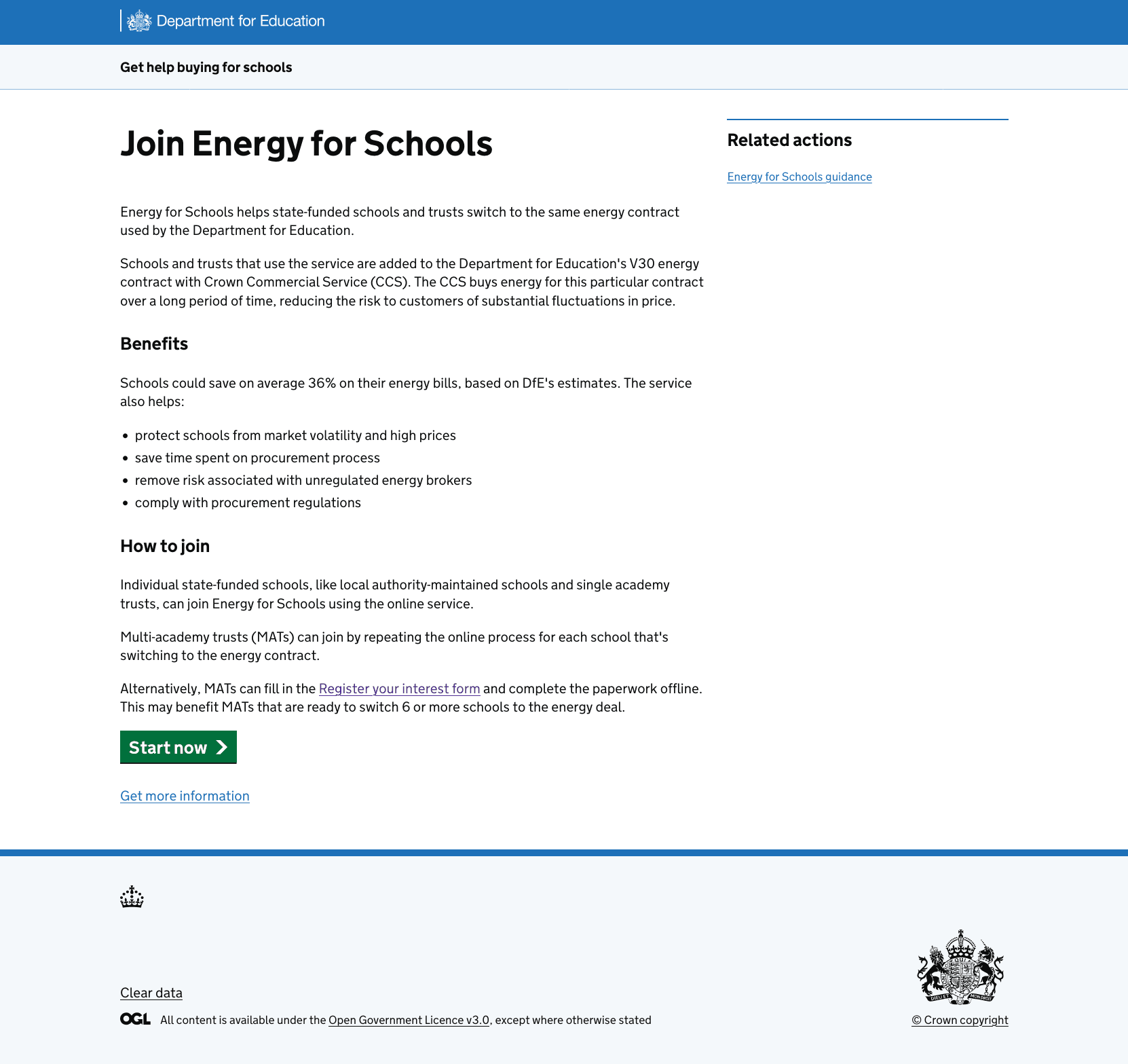 A GOV.UK startpage for Join Energy for Schools. It has a before you start section that recommends using the digital journey to onboard less than 6 schools