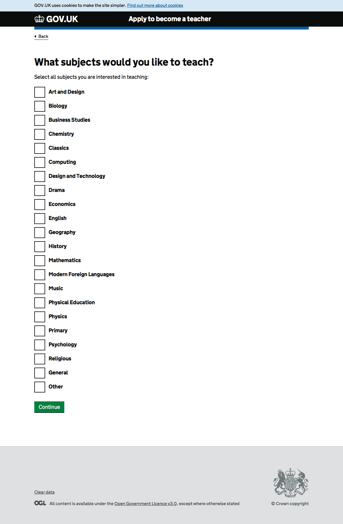 Screenshot of the what subject page of Find teacher training courses